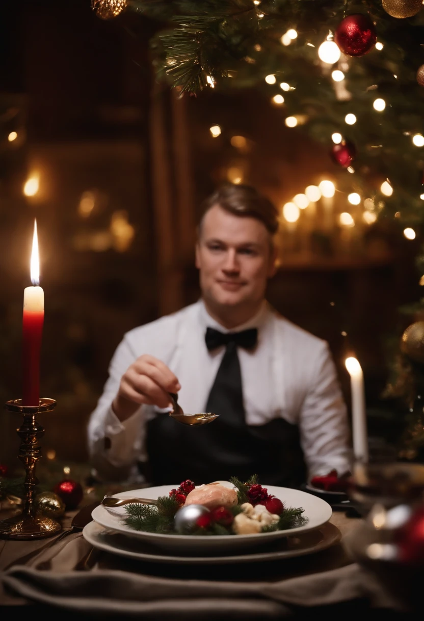 Finnish fat male gourmet wears formal wear and uses knife and fork to eat Christmas decoration dishes.。At a Finnish restaurant、A table lined with gorgeous Christmas ornaments、4K、8K、masutepiece、