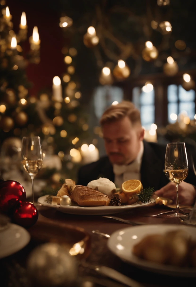 Finnish fat male gourmet wears formal wear and uses knife and fork to eat Christmas decoration dishes.。At a Finnish restaurant、A table lined with gorgeous Christmas ornaments、4K、8K、masutepiece、