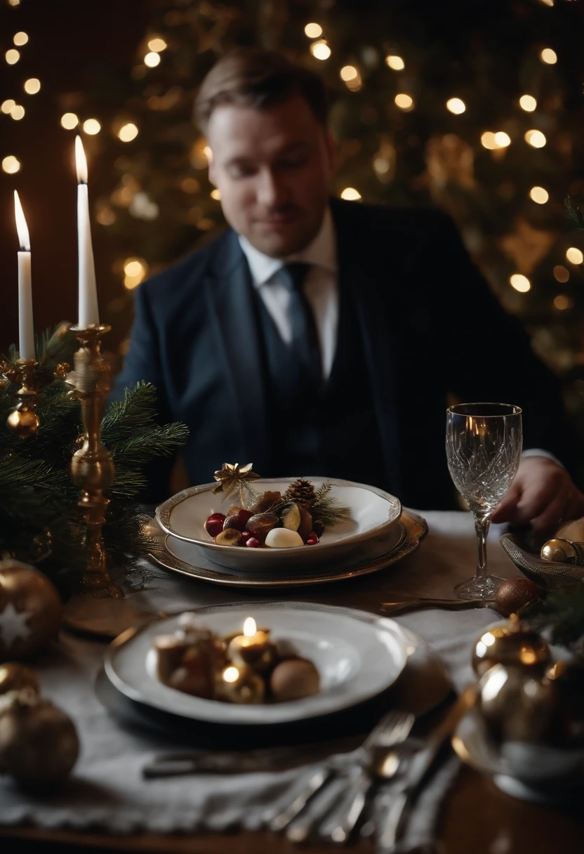 Finnish fat male gourmet wears formal wear and uses knife and fork to eat Christmas decoration dishes.。At a Finnish restaurant、A table lined with gorgeous Christmas ornaments、4K、8K、masutepiece、