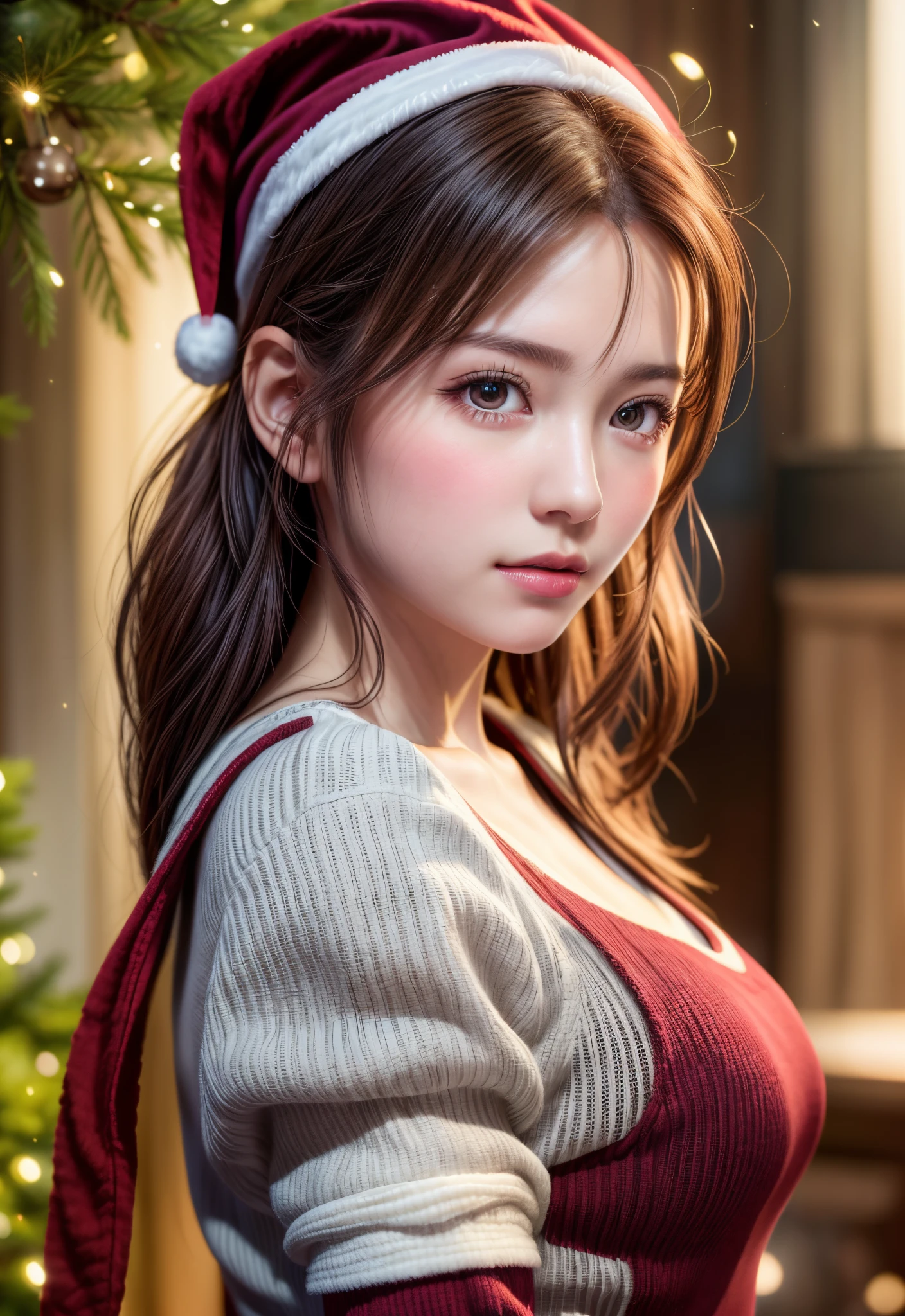 8K, of the highest quality, masutepiece:1.2), (Realistic, Photorealsitic:1.37), of the highest quality, masutepiece, Beautiful young woman, Pensive expression,、A charming、and an inviting look, cute santa clothes, Hair tied back, Cinematic background, Light skin tone