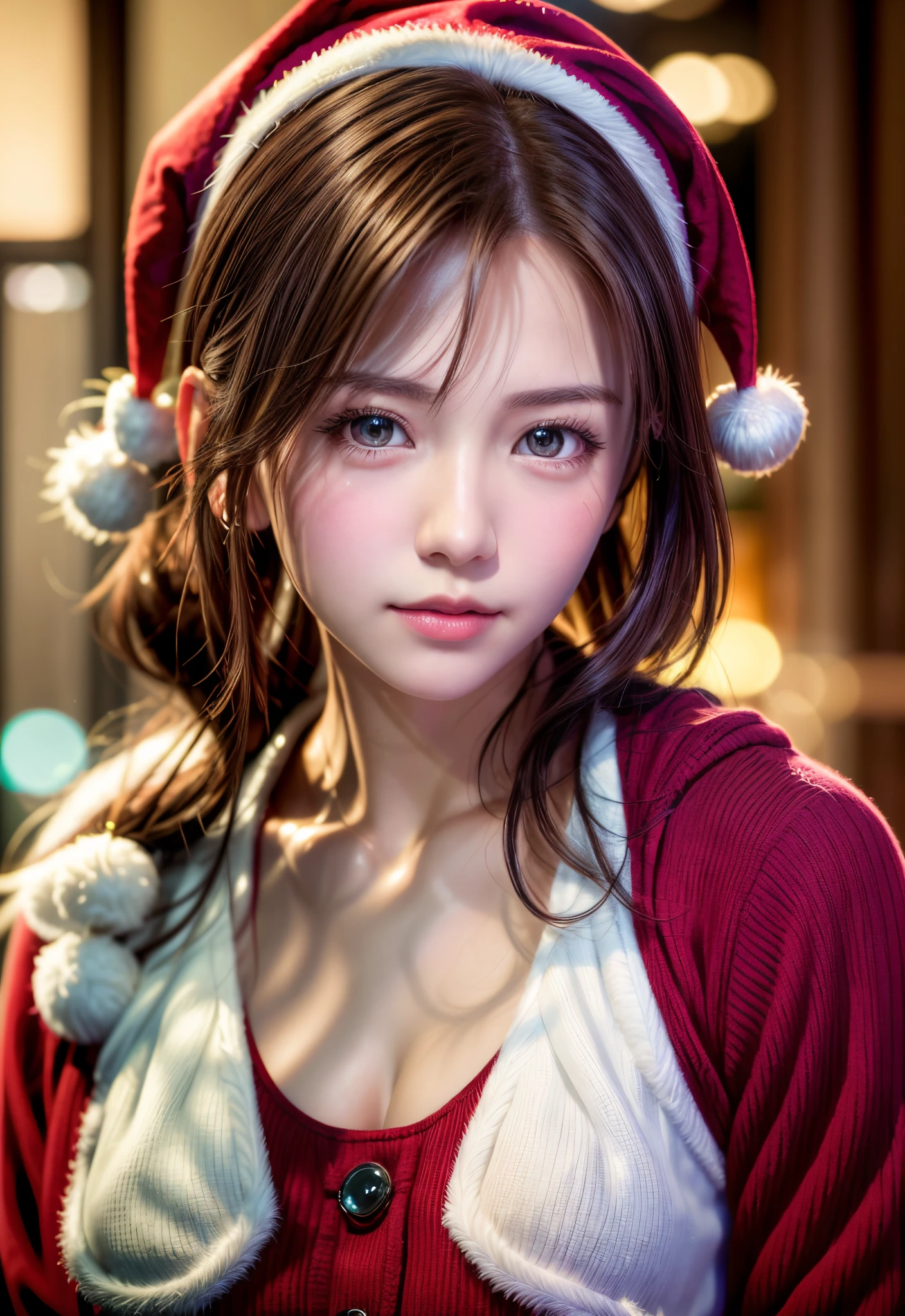 8K, of the highest quality, masutepiece:1.2), (Realistic, Photorealsitic:1.37), of the highest quality, masutepiece, Beautiful young woman, Pensive expression,、A charming、and an inviting look, cute santa clothes, Hair tied back, Cinematic background, Light skin tone