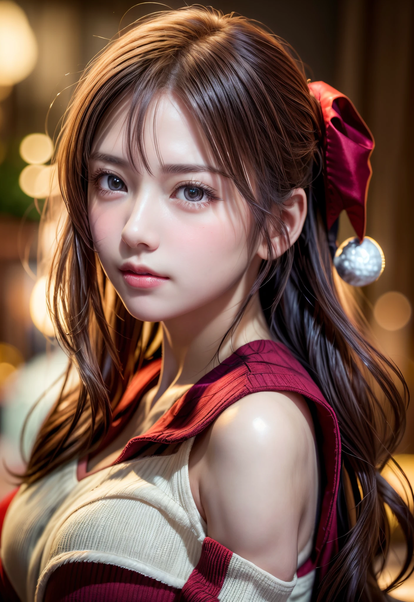 8K, of the highest quality, masutepiece:1.2), (Realistic, Photorealsitic:1.37), of the highest quality, masutepiece, Beautiful young woman, Pensive expression,、A charming、and an inviting look, cute santa clothes, Hair tied back, Cinematic background, Light skin tone