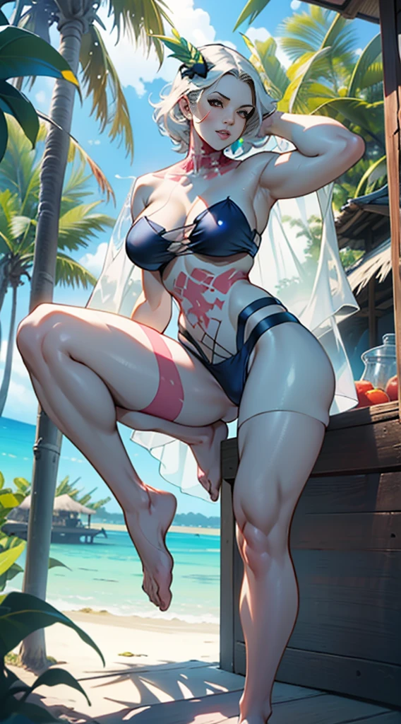 (((​masterpiece))), ((high resolution)), detail, red-haired girl, hypdertailed, greeneyes, breasts big, (((thick-thighs))), choker,micro bkini, beachfront, legs spread open, standing on all fours, focus on the ass, standing up showing her ass