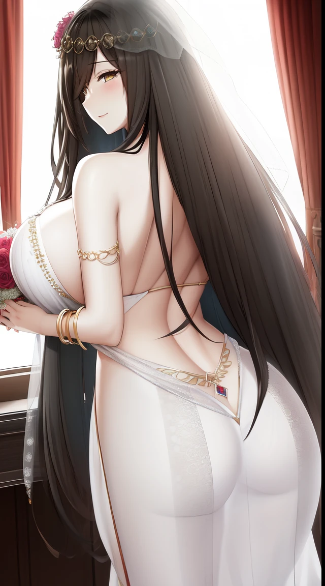 tmasterpiece,Best quality at best,extremely detaild的 CG unified 8k wallpapers, tmasterpiece, Best quality at best, CG, optics , Rough Frederick(azur lane),detail processing,{ Black+yellow-eyed },hair on one eye, cabelos preto e longos,{ virtuous,A mature woman}, Huge cleavage,Intimacies,eventide,The beautiful_the face,Clear face,face expressionless,wedding gown ,Beautiful buttocks,arm ring, bangle, Transparent sarong,mitts