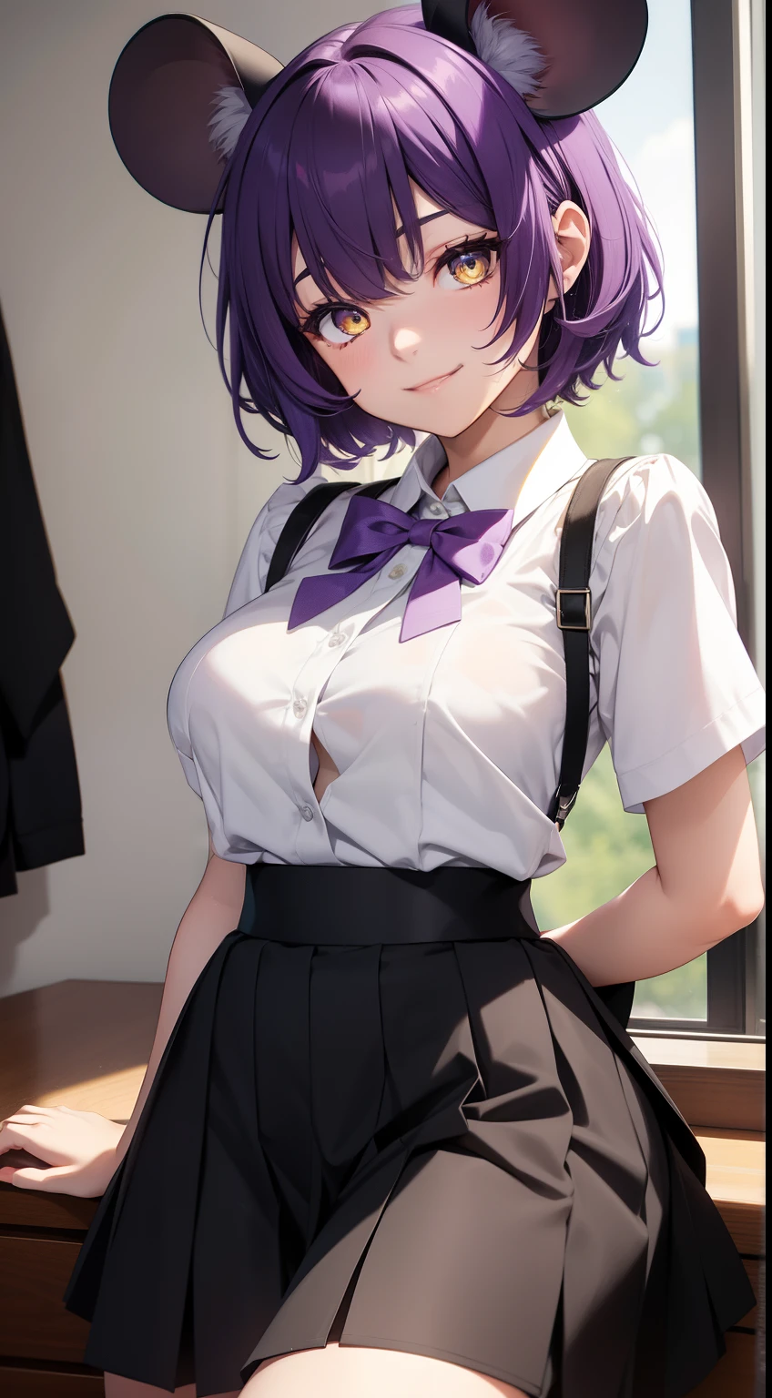 young girl, short purple hair, Yellow eyes, Mouse ears, tight white shirt with bow tie, tight black skirt, open breasts, Languid look, Lustful smile, Masterpiece, hiquality