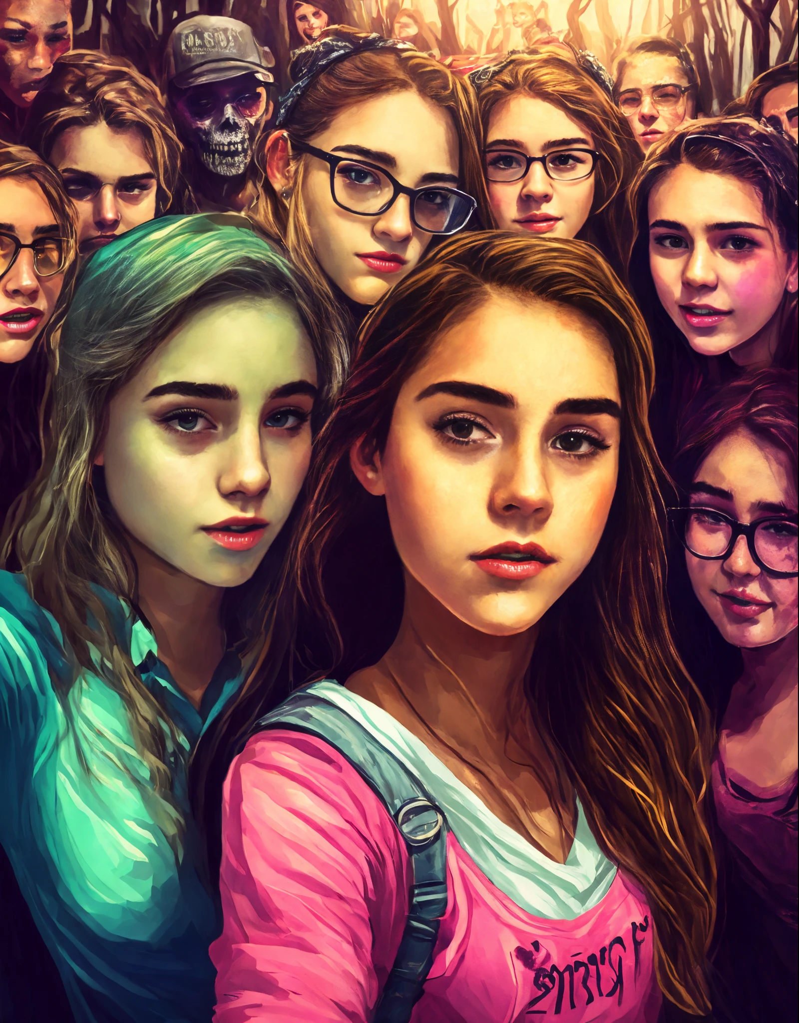 Super girly age girl taking a selfie with zombies behind her