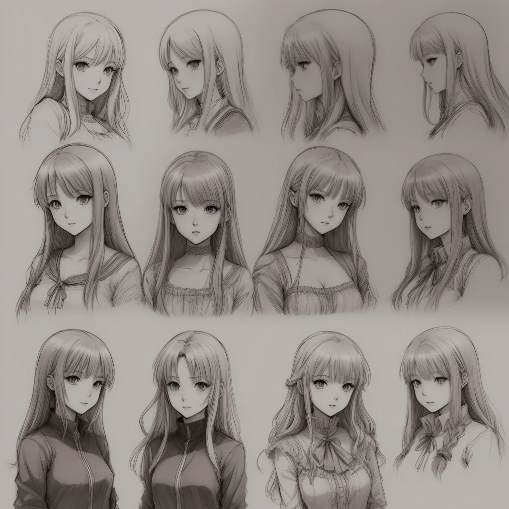 Sketch of anime women beautiful hair color pages