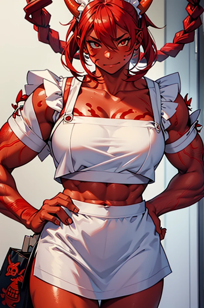 1girl, oni hornss, oni female, maid, strong body, abs, cute, (((red skin)))