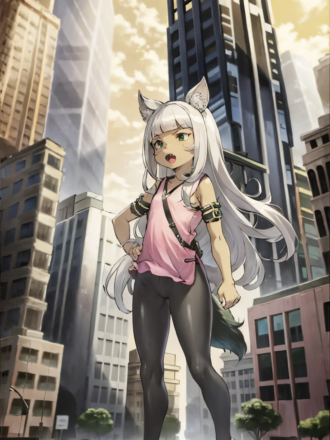 Ochette, 1girl, crowded city, green eyes, fang, giantess, massive, tall, cute, city, full body picture, tiny buildings, gao, taller than buildings, best quality, pink clothing, buildings nearby, between buildings, taller than skyscrapers, flat ground, standing, ground visible, black pants, empty hands, slim, holding a tiny person