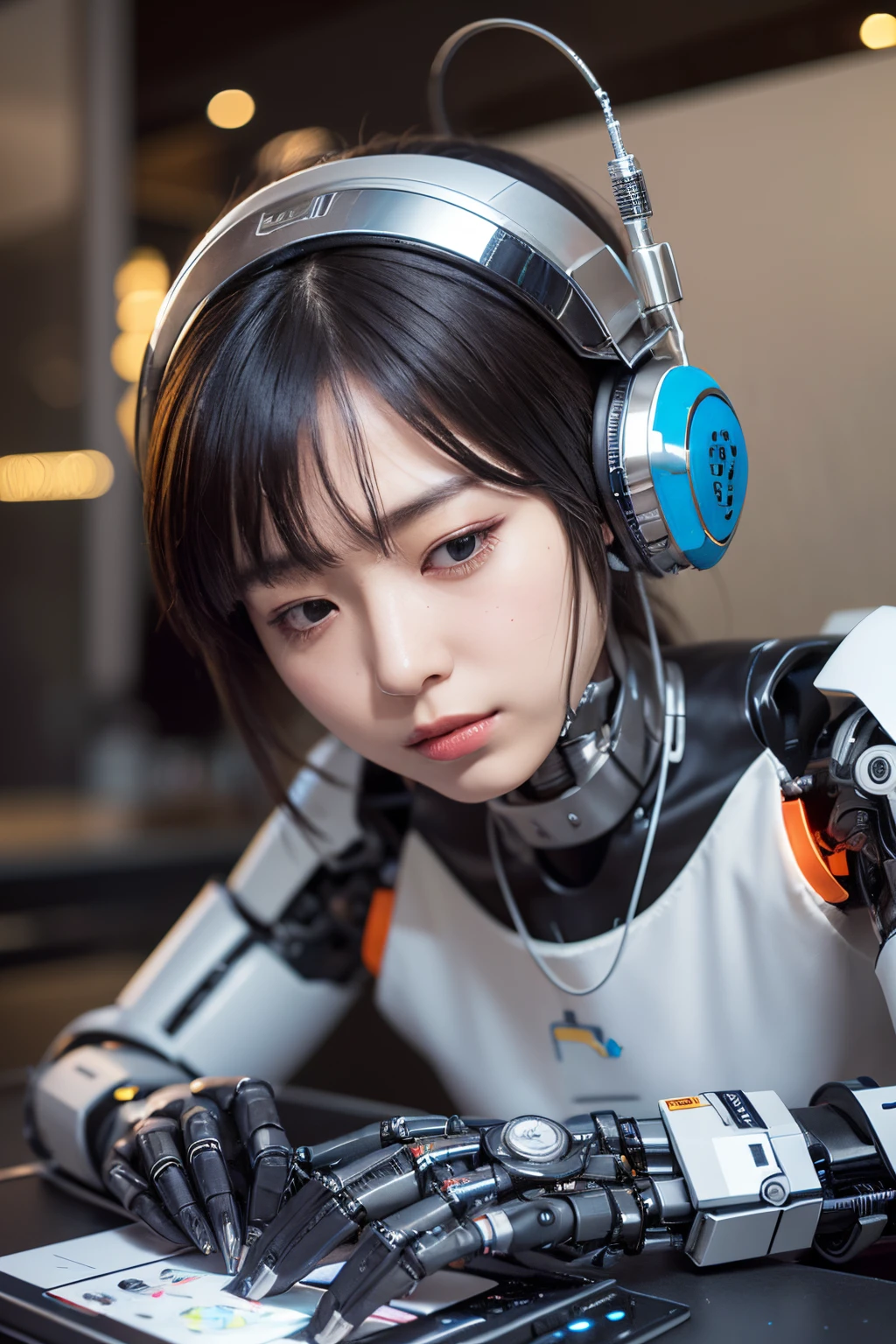 masterpiece, best quality, extremely detailed, (photorealistic:1.4), (RAW photo) (RAW photo) (8K, 4K, Best Quality, hight resolution, 超A high resolution:1.1), (masutepiece, Realistic, Photorealsitic:1.1), 1girl in, Japaese Cyborg Girl,Plump , announcer,control panels,android,Droid,Mechanical Hand, , Robot arms and legs, Black Robot Parts,Black hair,Mechanical body,Blunt bangs,White robotics parts,perfect robot woman,future laboratory,cyber pank,charging spot,laboratory,long tube,thick cable connected her neck,ceramic body ,mechanical body, ear antenna,mechanical ear cover,,short hair,miniskirt, ,platform sneakers,white shirts,miniskirt, eyes rolled back, lose consciousness,android,robot,humanoid,cyborg,ai,promotion model,