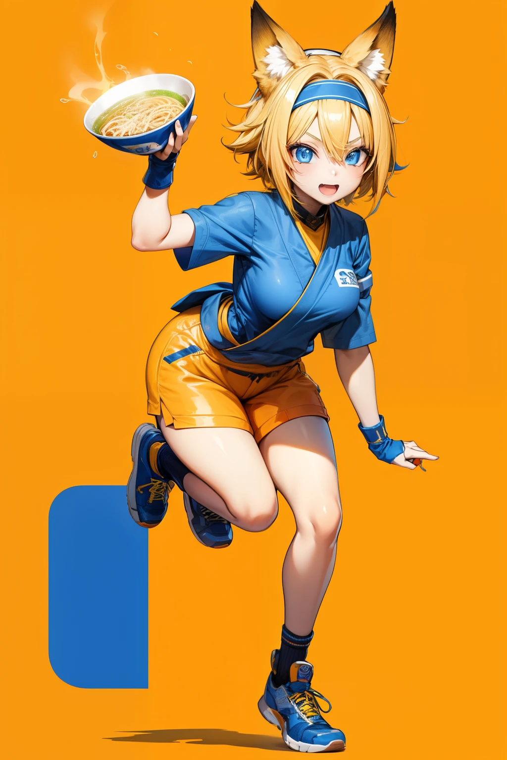 Cute girl, short yellow hair, headband, blue eyes, orange clothes,Ramen, fox, ninja, adult girl