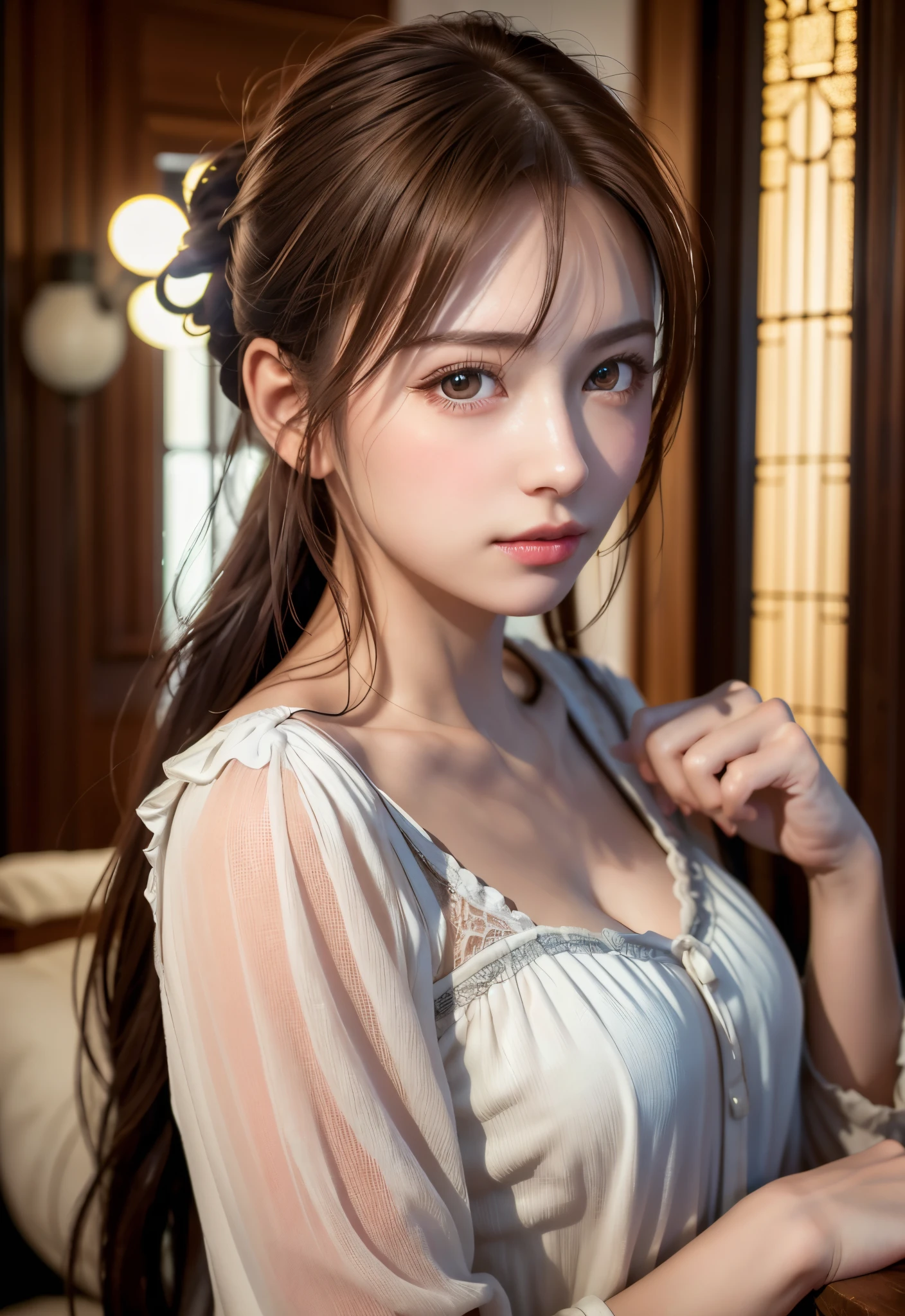 best quality, face focus, soft light, ultra high res, (photorealistic:1.4), RAW photo,
1japanese girl, solo, cute, (pupil, lights in the eyes),  detailed beautiful face, (small chest),(high resolution detail of human skin texture),
(long hair),
indoor,
Damask Shirt Dress,
(portrait)