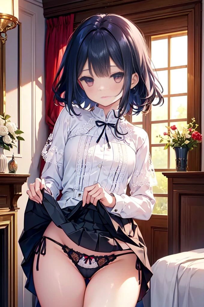 1 girl, (Lace artistic color panties), (skirt lift), (panties with side ties), highest quality, (masterpiece: 1.2), Dress like a medieval fantasy noble,(thin panties), (panties with intricate and Delicate lace),(panties with Elaborate embroidery), (Bedroom with a warm atmosphere), fireplace,