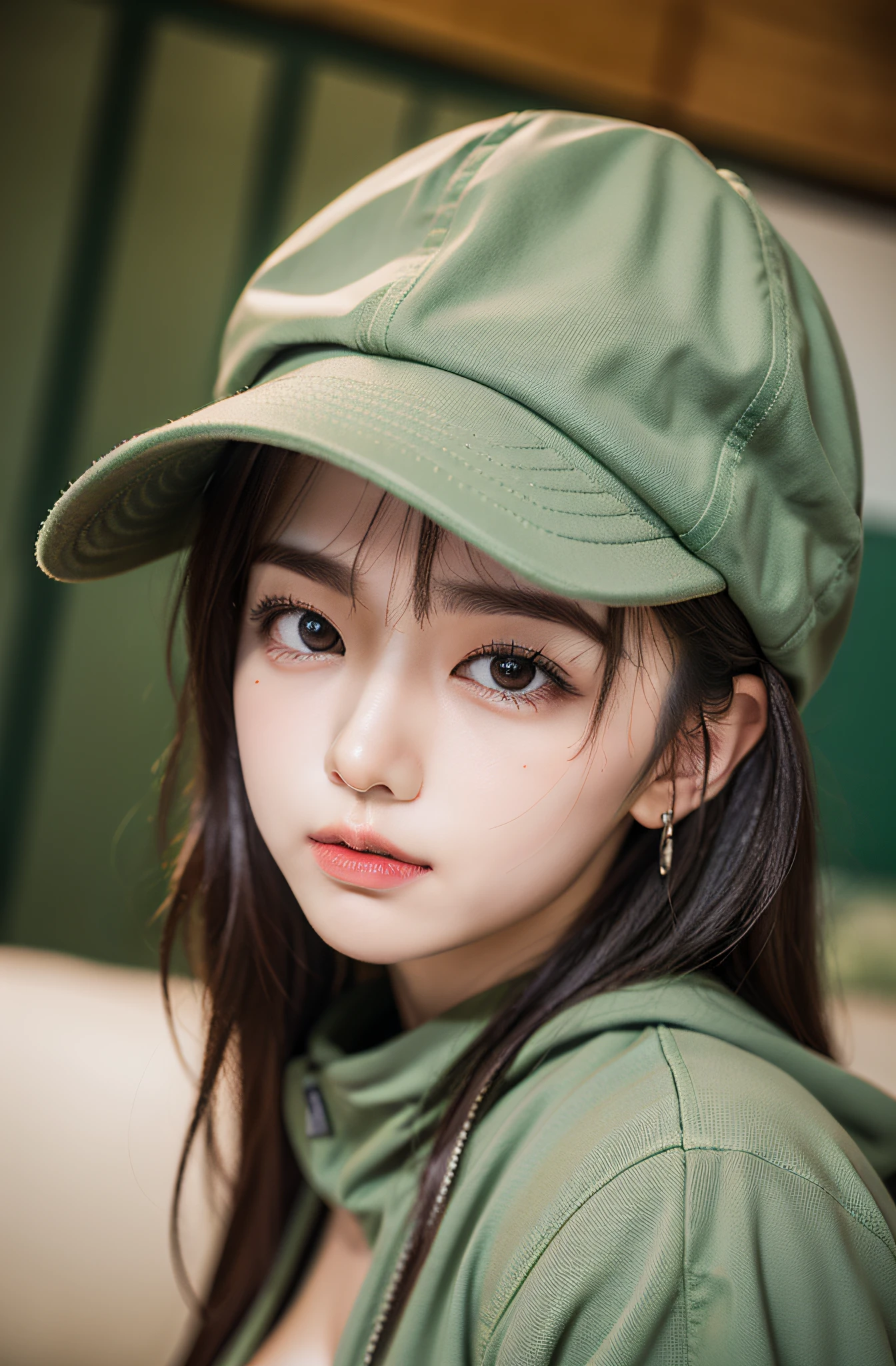 Exposed nipples、Wearing a cap、Air Force Pilot、Conversation with maintenance personnel inside the hangar、Fighters、dark green flight suit、High exposure、Photorealistic images of solo idols, Morning Musume inspired by Eri Kamei, Radiates charm and beauty with plenty of bust and subtle exposure of cleavage. The image is、Must reflect a real person of the highest quality, Powered by Ultra-HD (16 K) resolution, crisp detail, Vivid colors, Dynamic Range, Soft bokeh, Fine texture, Realistic realism, Pin Sharp Focus. 、The camera setup is、Nikon D850 and NIKKOR Z 58mm Boobs Boobs Boobs Boobs F。/0.95 S Noct lens, The setting must be ISO 64, F/0.95, Shutter speed is 1/60. --ar 16:9 - V5.1 --Style raw --Q 2 --S 750