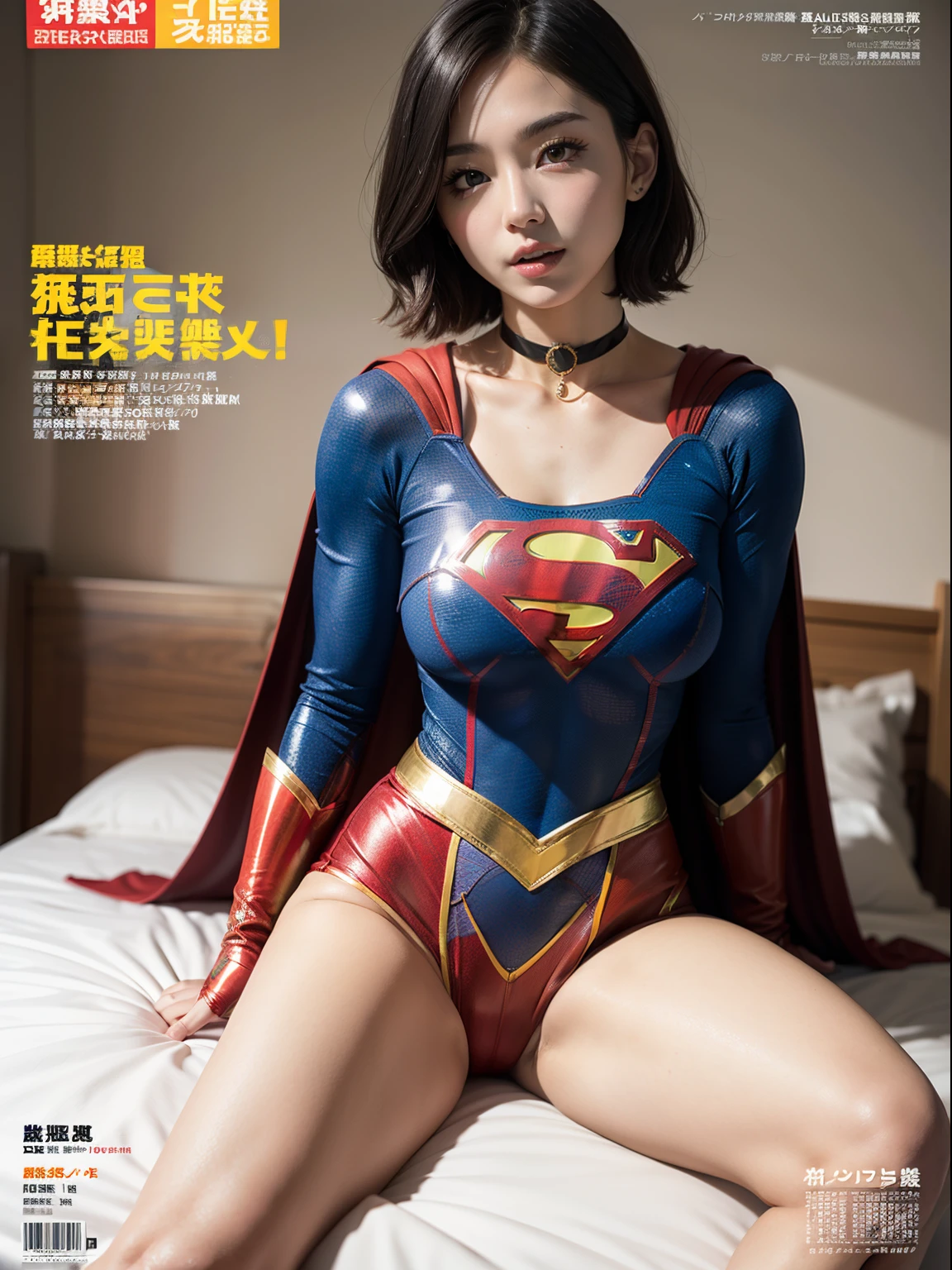 Super masterpiece,Short-haired Supergirl sitting on bed、Plump breasts、Looking at the camera、a choker、bare-legged、Weekly magazine cover、Cheerful pose、highleg、a miniskirt、Tight costumes、seduces、Large open legs、Obscene