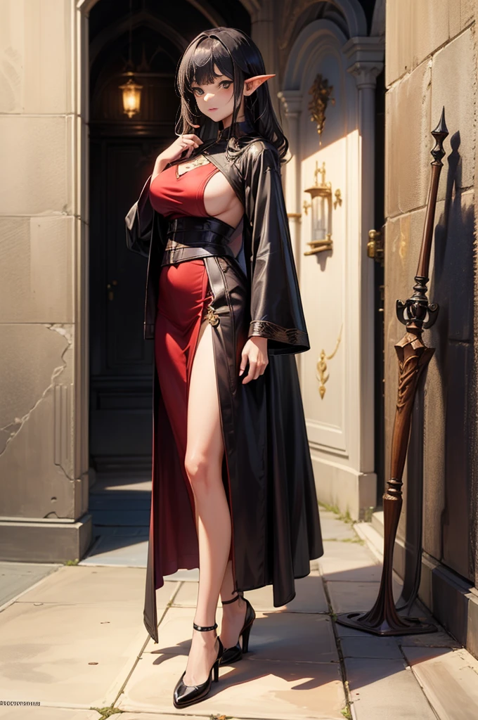 standing straight symmetrical, full body, solo girl looking to the camera, Female tiefling dark hair bright skin, Taupe Brown theme, A girl , Medieval European aristocracy, Short wavy black hair parted in the middle, Full body, Leather Breast Plate, Sorcerer's robe, Leather shoes, White wall background, Equipped with a thick wooden staff equal in length to his left hand, artistic drawing