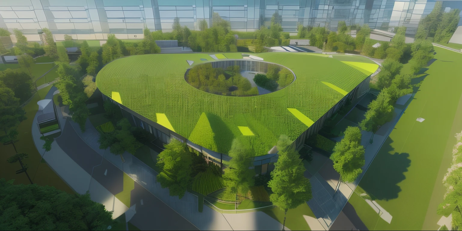in the morning mood,rendering of a office with a green field and trees, green grass on the roof, glass doors, green inside yard artist's impression, concept piece, conceptual rendering, a digital rendering, artist impression, artistic render, conceptual, rendering, detailed picture, sharp hq rendering, digital rendering, pre-rendered, 3/4 view, 3 / 4 view, close establishing shot, rendered, highly rendered!!, detailed rendering
