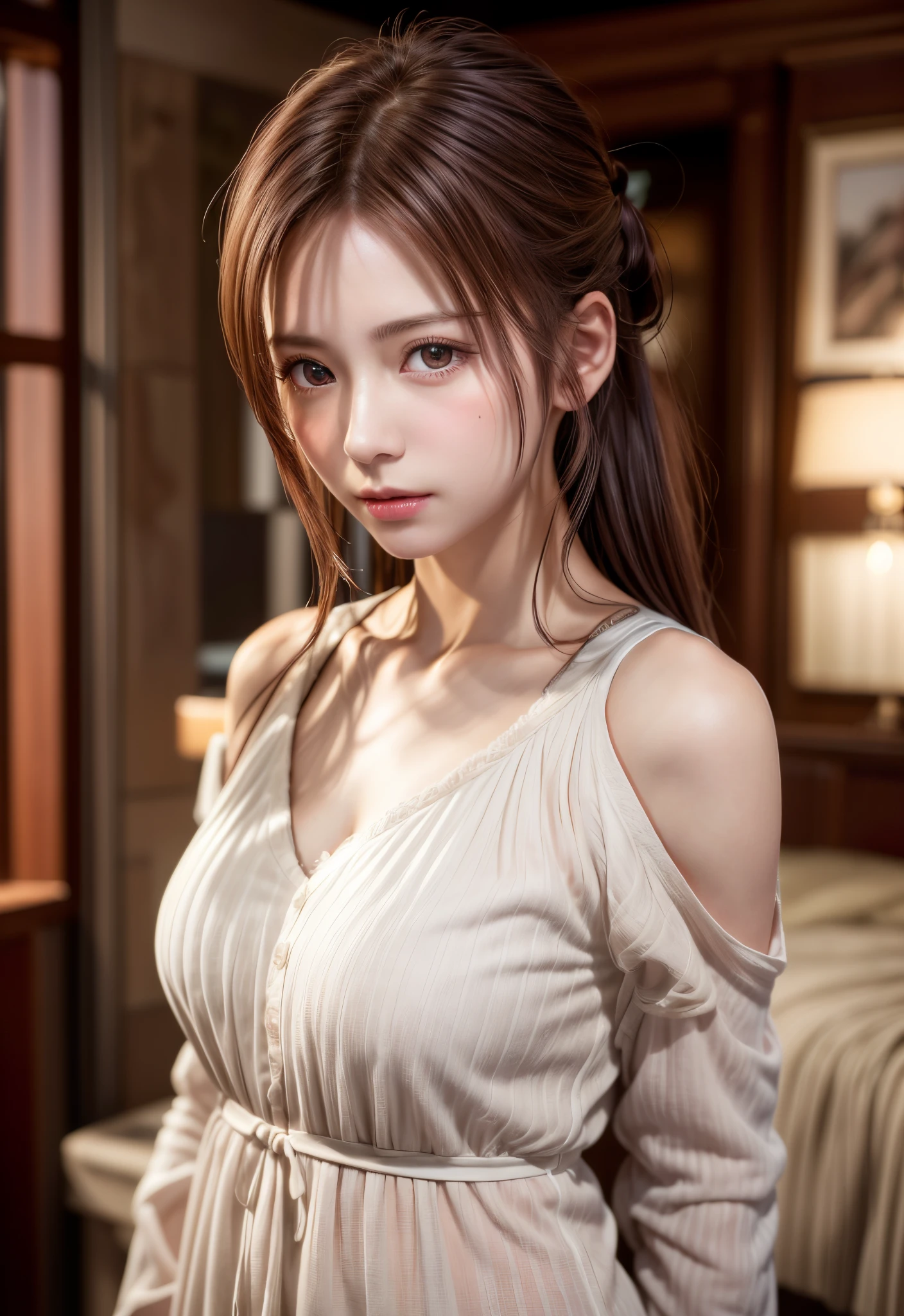 8K, of the highest quality, masutepiece:1.2), (Realistic, Photorealsitic:1.37), of the highest quality, masutepiece, Beautiful young woman, Pensive expression, Gentle eyes, Cute Nightgown、full of shyness、Hair tied back, Messy mood, Cinematic background,  Light skin tone