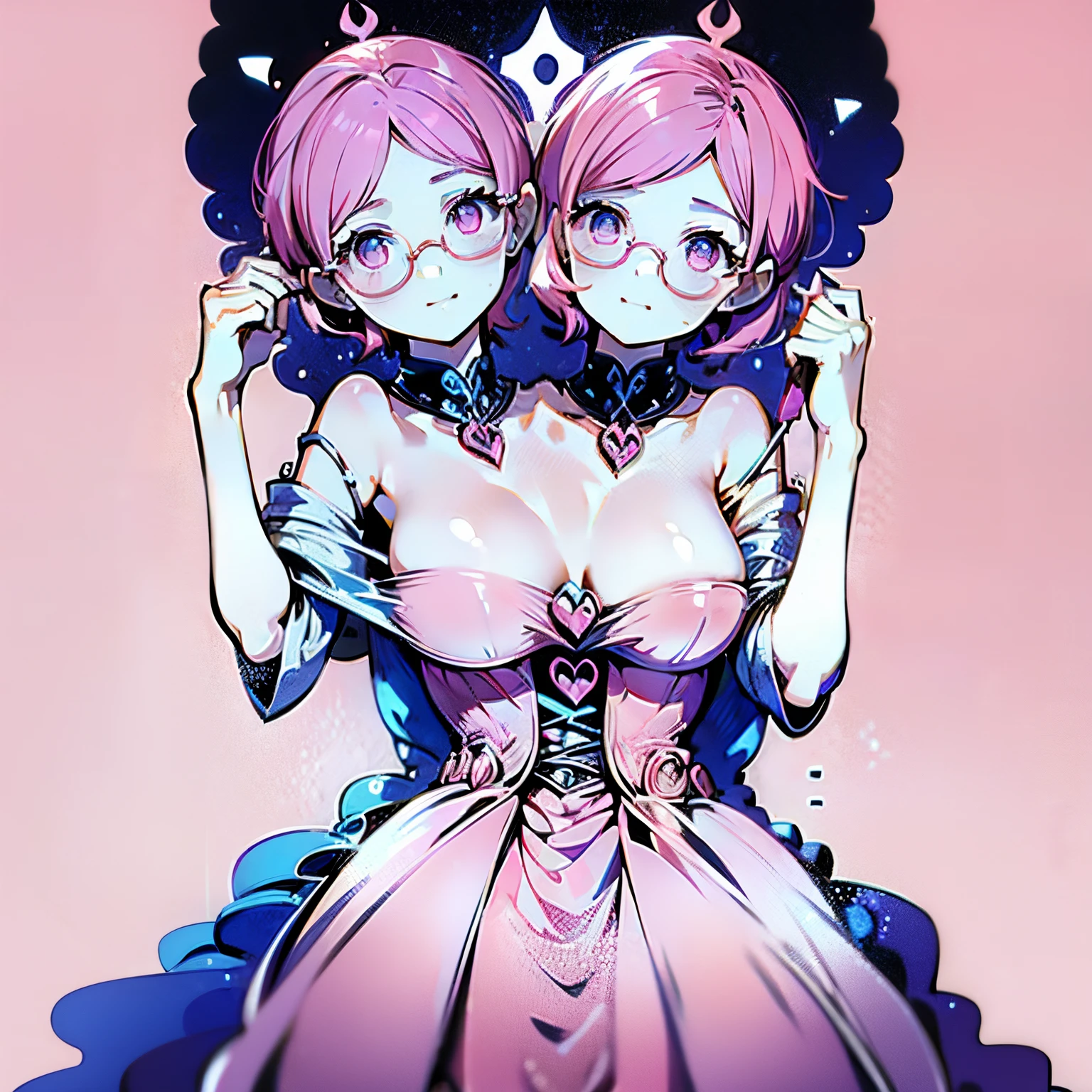 ((best quality)), ((simple)), (detailed), (clear) perfect face, conjoined, two heads, alchemist, pink short hair, round glasses, cute, young, 20 year old, ((plain background)), penis lifting dress