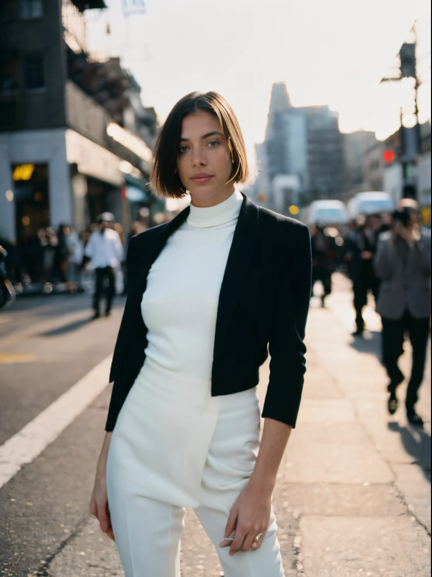 a woman through motion, wearing saint lauren, busy street, fashion model, paparazzi, (full body: 1.3), (luxury advertising photography: 1.2), motion blur, (graflex speed graphic: 1.4), lens flare, brushwork exploration, kodak ektachrome, flash light, spontaneous marks :: 1 Shot on Kodak Ektachrome :: 0.6