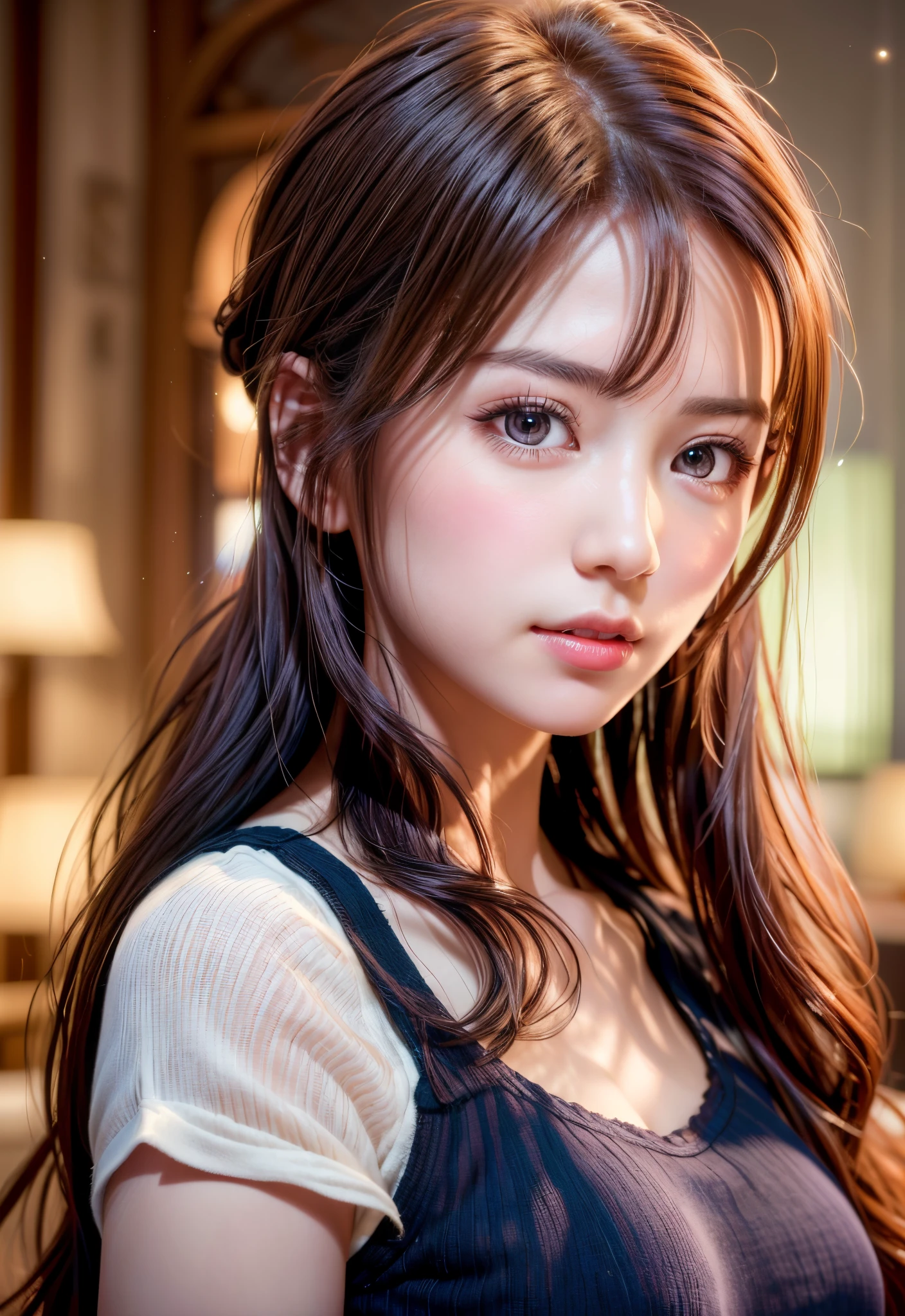 8K, of the highest quality, masutepiece:1.2), (Realistic, Photorealsitic:1.37), of the highest quality, masutepiece, Beautiful young woman, Pensive expression, Gentle eyes, Cute Nightgown、full of shyness、Hair tied back, Messy mood, Cinematic background,  Light skin tone