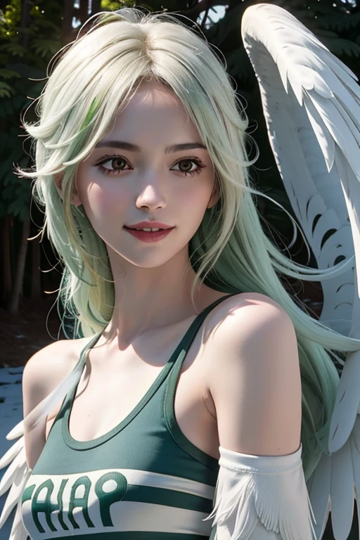 ultra realistic 8k cg, masterpiece, (ultra detailed background, delicate pattern, intricate detail), (highly detailed, fine details), best quality, (photorealistic:1.4),beautiful lighting, absurdres, RAW photo, film grain, ((medium breasts, slim girl, close-up, portrait)), (((white feathered wings, winged arms))), complex detailed background, outside, nature environment, winter, snow, rocks, sunny, blue sky, sky, Monet, 1girl, solo, green hair, long hair, smile, green T-shirt, striped leggins, covered shoulders, monster girl, harpy, yellow eyes,white winged ,