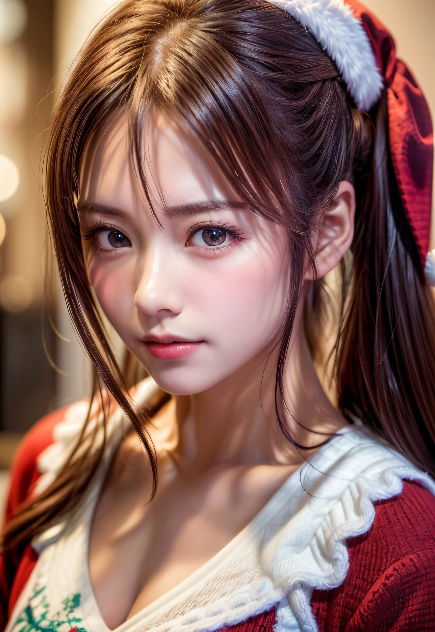 8K, of the highest quality, masutepiece:1.2), (Realistic, Photorealsitic:1.37), of the highest quality, masutepiece, Beautiful young woman, Pensive expression,、A charming、and an inviting look, cute santa clothes, Hair tied back, Cinematic background, Light skin tone