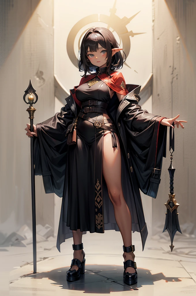 standing straight symmetrical, full body, solo girl looking to the camera, Female tiefling dark hair bright skin, Taupe Brown theme, A girl , Medieval European aristocracy, Short wavy black hair parted in the middle, Full body, Leather Breast Plate, Sorcerer's robe, Leather shoes, White wall background, Equipped with a thick wooden staff equal in length to his left hand, artistic drawing