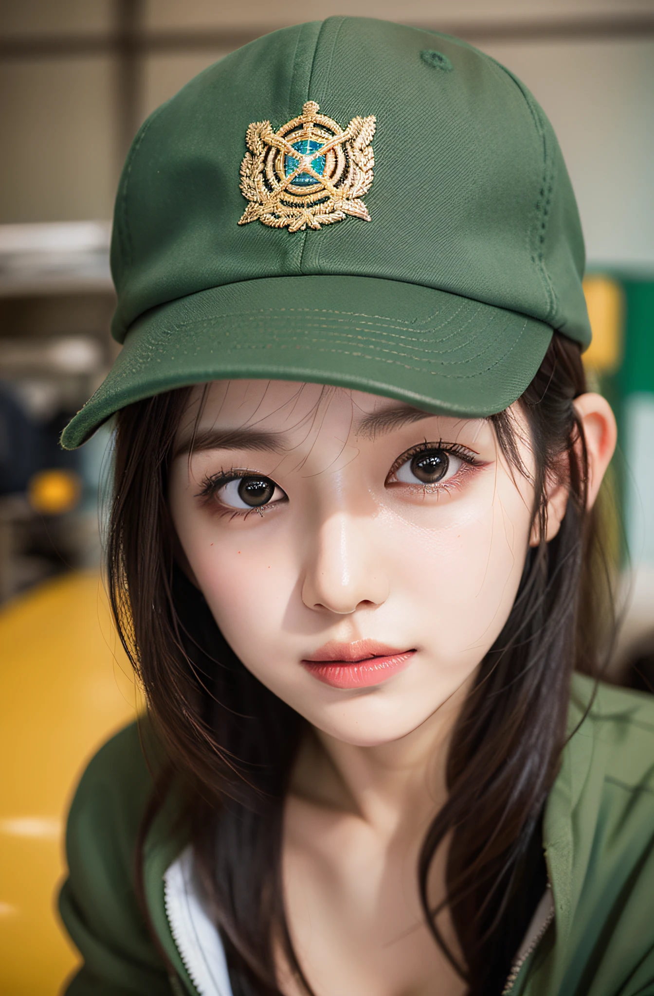 Exposed nipples、Wearing a cap、Air Force Pilot、Conversation with maintenance personnel inside the hangar、Fighters、dark green flight suit、High exposure、Photorealistic images of solo idols, Morning Musume inspired by Eri Kamei, Radiates charm and beauty with plenty of bust and subtle exposure of cleavage. The image is、Must reflect a real person of the highest quality, Powered by Ultra-HD (16 K) resolution, crisp detail, Vivid colors, Dynamic Range, Soft bokeh, Fine texture, Realistic realism, Pin Sharp Focus. 、The camera setup is、Nikon D850 and NIKKOR Z 58mm Boobs Boobs Boobs Boobs F。/0.95 S Noct lens,  The setting must be ISO 64, F/0.95, Shutter speed is 1/60. --ar 16:9 - V5.1 --Style raw --Q 2 --S 750