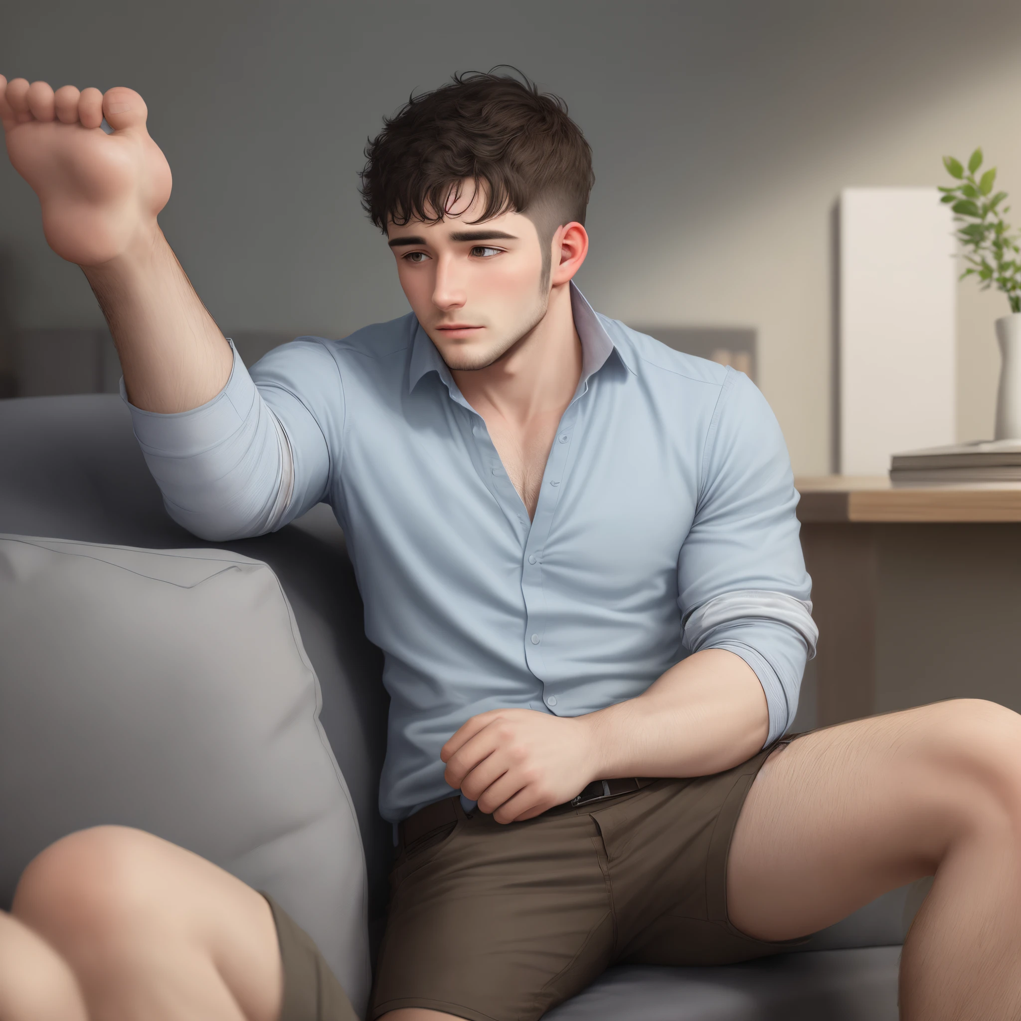 ((best quality)), ((masterpiece)), (detailed), a hairy man, short hair, gray sweater with open zip, gray pants with open zip, big dick, big balls, masturbating, lots of cum every where, (((perfect dick)))