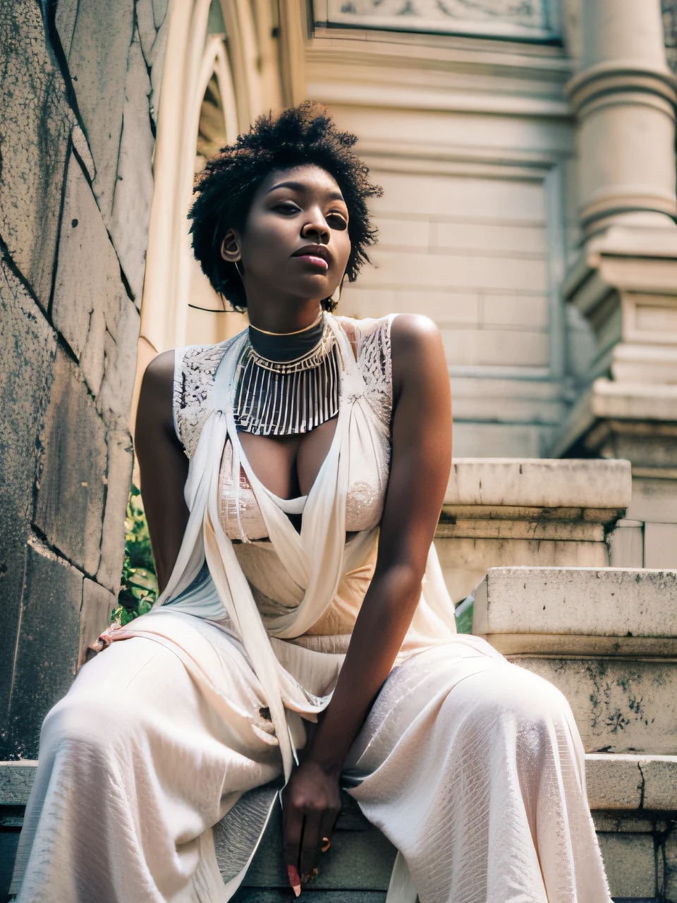 jolie femme africaine 25 ans, corps entier, face detailed, sourire, detailed body, detailed hands, Detailed large breasts, Cheveux blonds raides haute definition, Elle a des yeux clairs. crop top blanc et jean. Photo de nuit. Chef d'oeuvre, best quality and definition, plage dynamique totale, ultra high def. Photographie de rue professionalnelle with control d&#39;lighting, Hdr, image nette