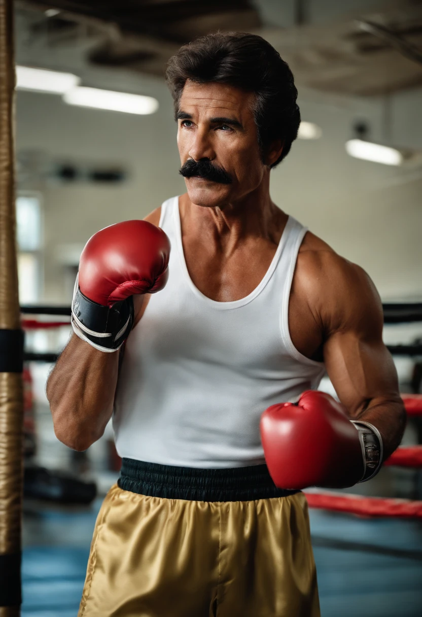 Magnum is practicing his boxing moves at a local gym, with a determined look on his face.,original,Magnum PI, male