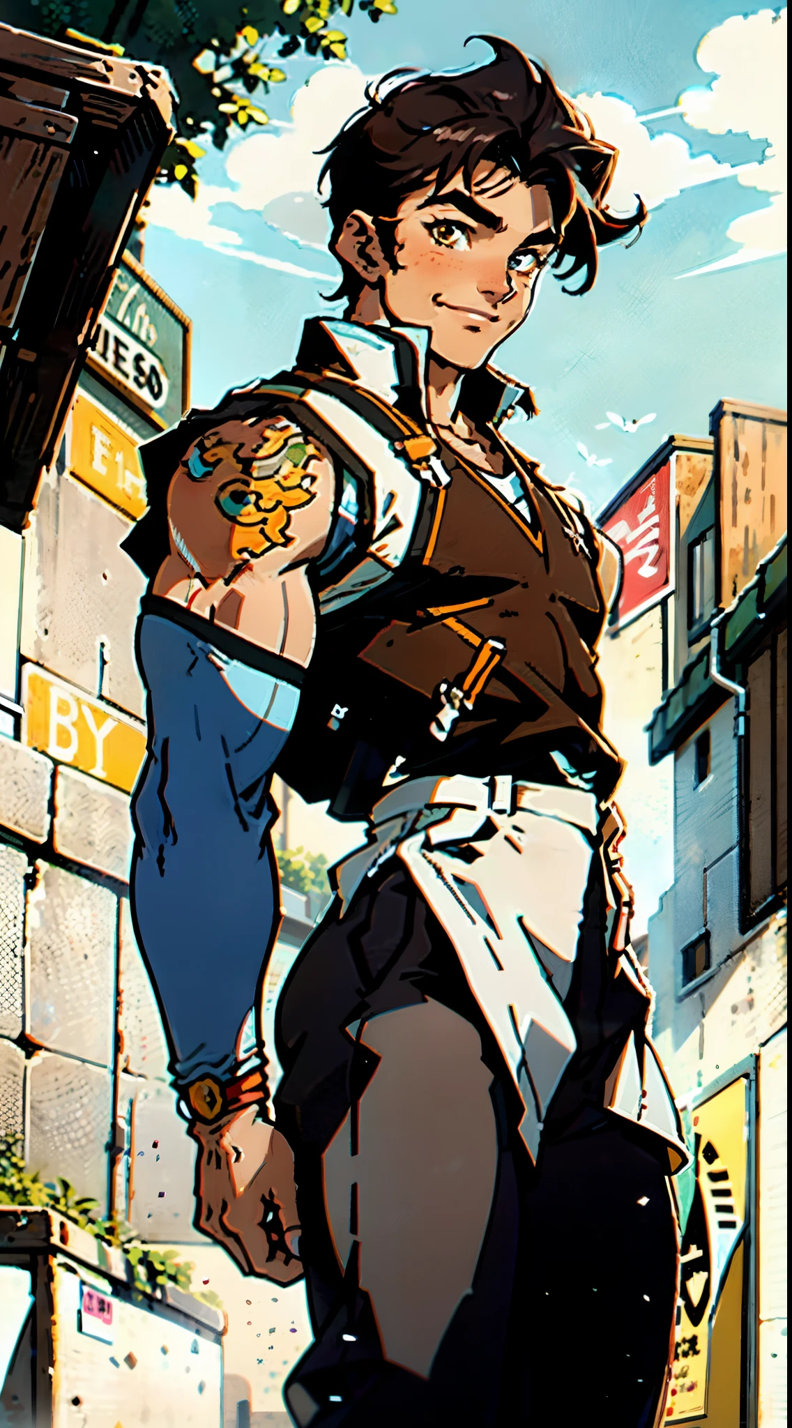 A young man, long black hair, a cheerful smile, thick and arched eyebrows, squinted eyes, brown skin, a sturdy physique, an open plain brown vest, revealing his muscular body, his right hand rests on the back of his head, a loose utility pants, the background depicts a lively fantasy-style street, this character embodies a finely crafted fantasy-style worker in anime style, exquisite and mature manga art style, high definition, best quality, highres, ultra-detailed, ultra-fine painting, extremely delicate, professional, anatomically correct, symmetrical face, extremely detailed eyes and face, high quality eyes, creativity, RAW photo, UHD, 8k, Natural light, cinematic lighting, masterpiece-anatomy-perfect, masterpiece:1.5