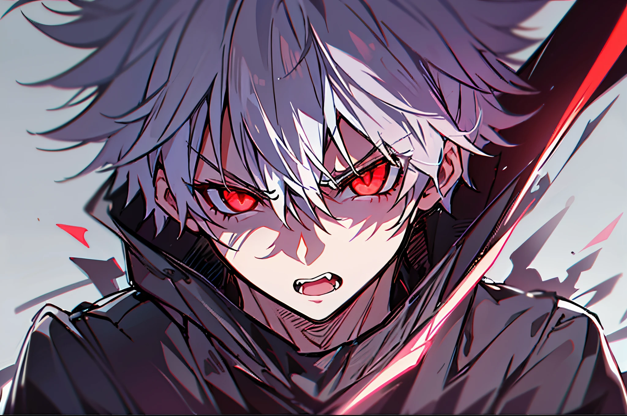 hight resolution,close range、Anime boy with white hair and red eyes staring at camera, Glowing red eyes,slim, dressed in a black outfit,Shadow Body,colorful backdrop,hair messy, Diagonal angle、get angry、Opening Mouth