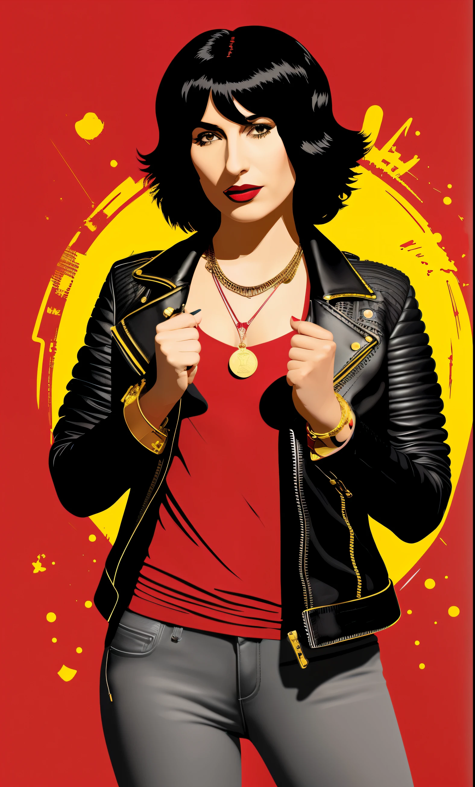 paint red background，Woman wearing rocker leather jacket，Put the gold coins in your hand into the box on the ground，,Street graffiti，vector artwork, Hand drawn illustrations, Inspired by Sid Barrett