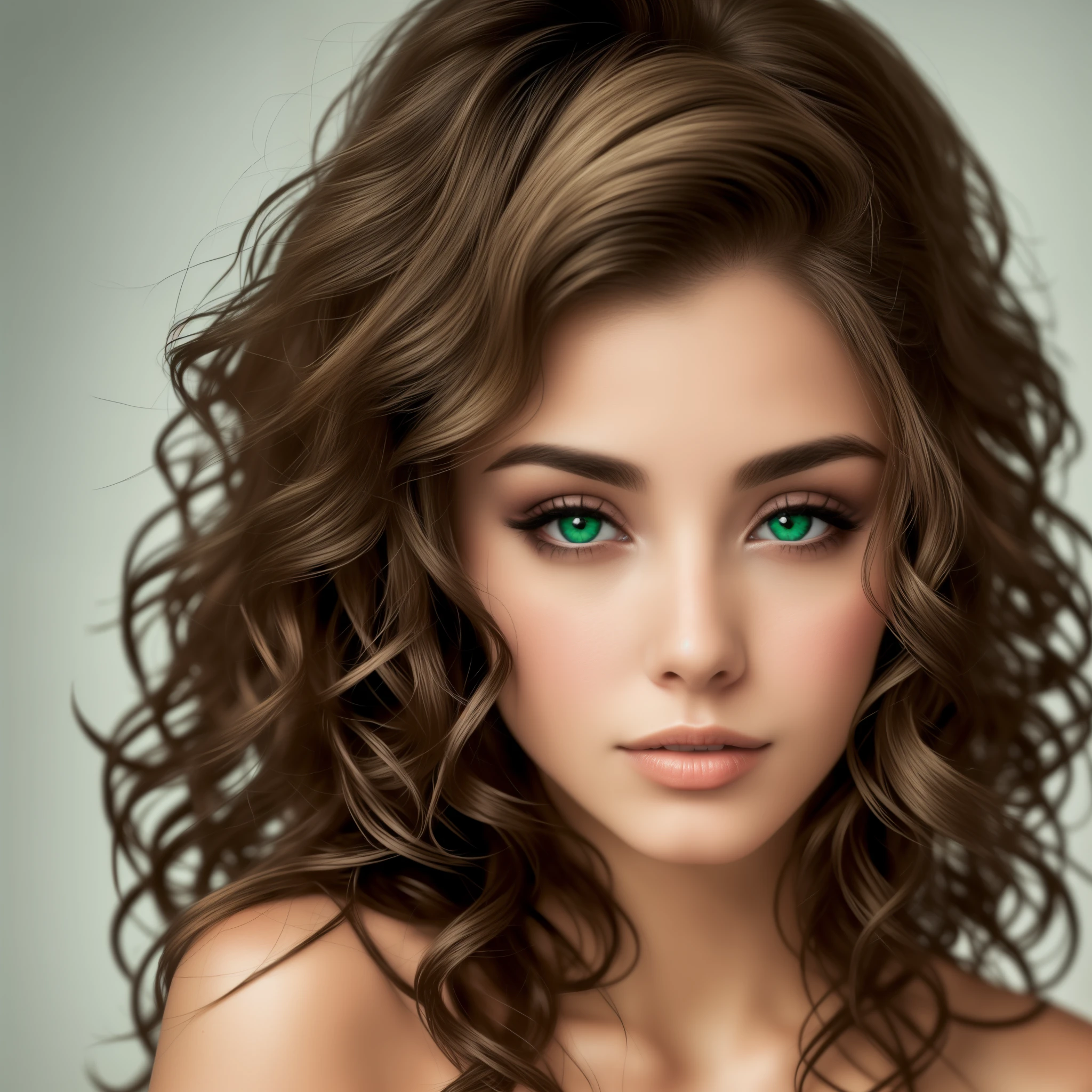 Mulher branca, cabelos castanhos, longos e ondulado, olhos grandes e verdes.