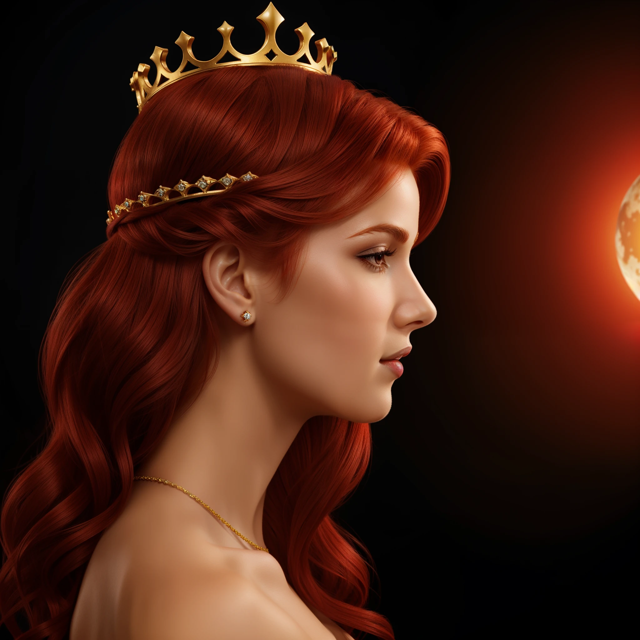 a side view of close up of a woman with a crown on her head, her hair covered her ear, queen crown on top of her head, venus planet symbol, with a red halo over her head, redhead queen in heavy red armor, royal woman, woman silhouette, the red queen, stylized silhouette, regal and proud robust woman, red haired goddess, queen chess piece photo, beautiful vampire female queen, simple dark background.