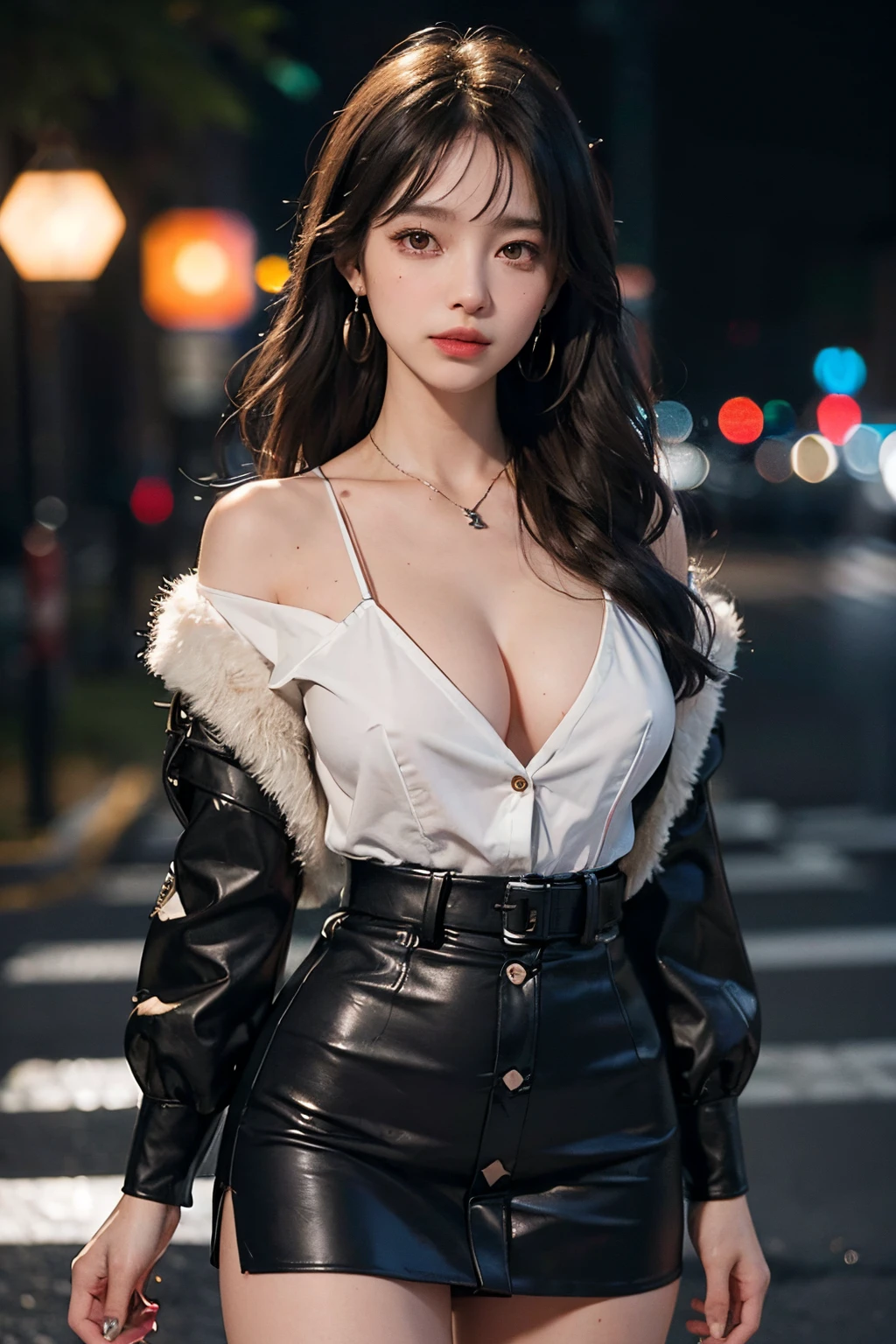 sfw, best quality, ultra high res, masterpiece, (photorealistic:1.4), solo focus, (skinny body huge breasts young woman:1.3), photography, (medium wide shot cropped legs:1.3), three quarter view pose, (cinematic lighting:1.2), vibrant, vivid color, detailed face, detailed eyes, random hairstyle, (off-shoulder shirt, mini skirt:1.2), (random places, random season, random weather:1.1), wearing bra,((skinny waist)), young asian girl, ((big boobs)),