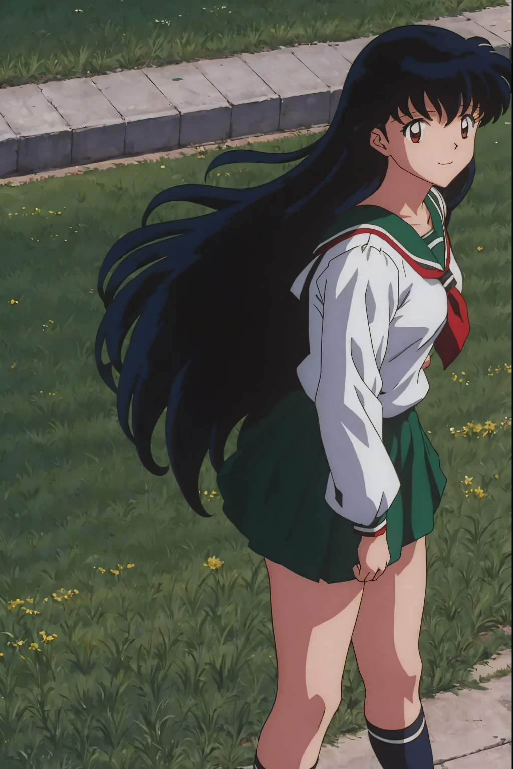1girl, Best Quality, 巨作, HD, Kagome Higurashi, 1girl, school uniforms, Black hair between the eyes, long  hair, Standing, Full body, young girl, Full body , ((anime)), ((Colored)), chest, smile, Thighs red scarf