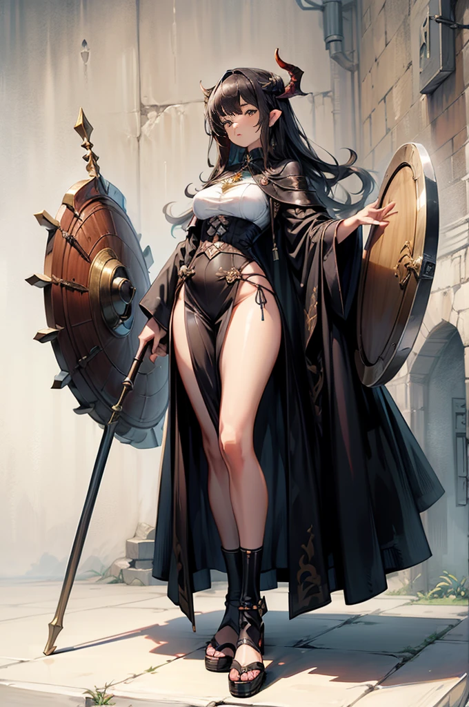 standing straight symmetrical, full body, solo girl looking to the camera, Female tiefling dark hair bright skin, Taupe Brown theme, A girl , Medieval European aristocracy, Short wavy black hair parted in the middle, Full body, Leather Breast Plate, Sorcerer's robe, Leather shoes, White wall background, Equipped with a thick wooden shield on her back equal in length to her back, artistic drawing