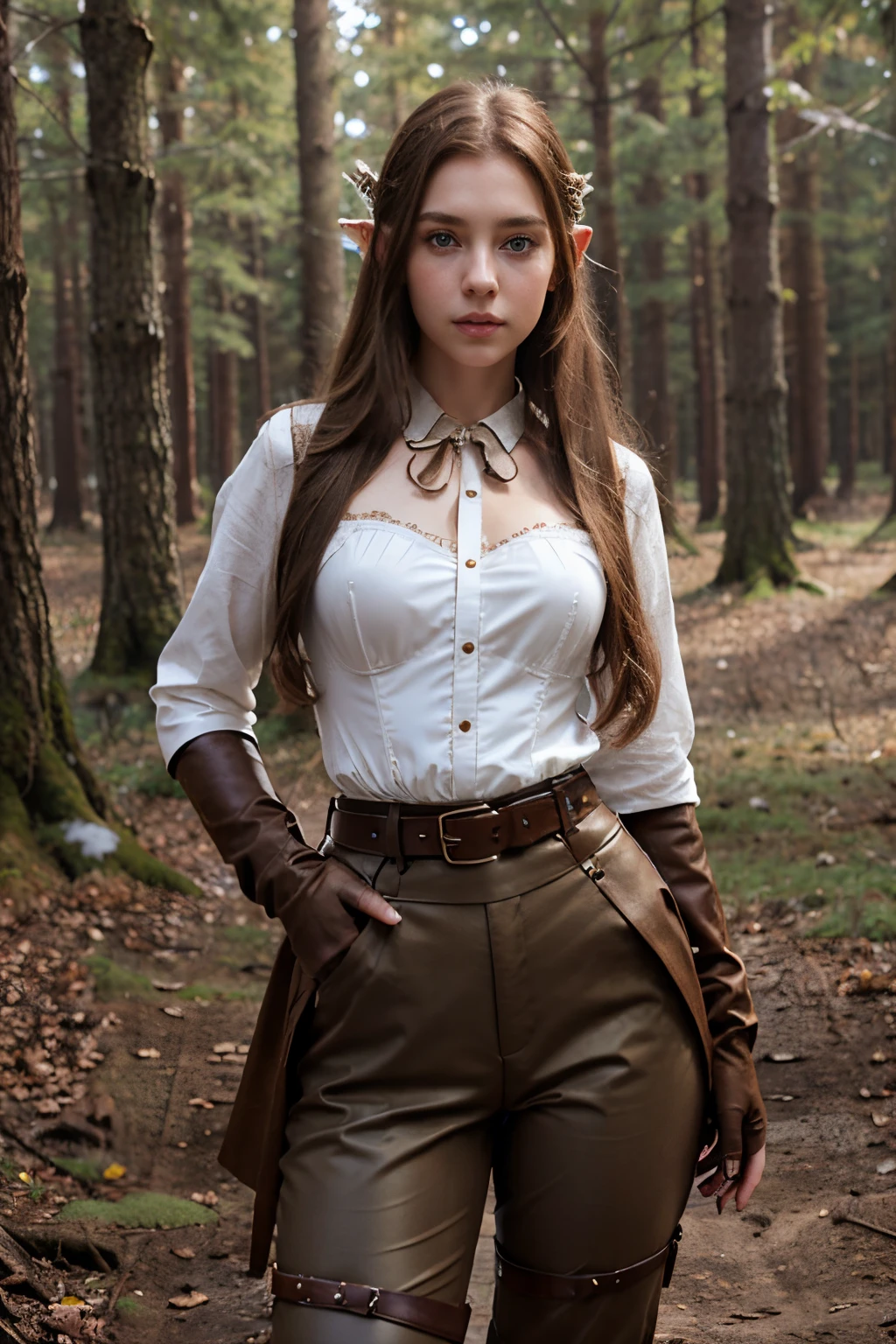 European girl with brown hair, blue eyes, long hair, beautiful face, pale face, beautifully styled hair, thin lips, rosy cheeks, stands in the winter forest, white shirt, brown corset, metal belt , brown gloves, brown pants with studs, fantasy look, fantasy cosplay, fantasy elf