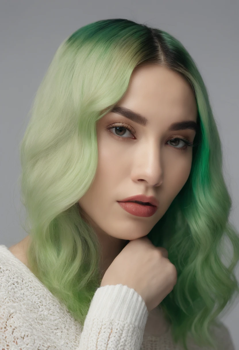 Super White Background、Serious expression、flash photo、The upper part of the body、White Jumper、photographrealistic、One Person 、Green hair color、facing front、bobhair、White female RAW portrait 1、Best Quality、Angle of view from waist to head、buzzcut、neck straight、shaven、afro
