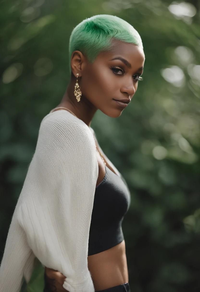 Super White Background、Serious expression、flash photo、The upper part of the body、White Jumper、photographrealistic、One Person 、Green hair color、facing front、bobhair、White female RAW portrait 1、Best Quality、Angle of view from waist to head、buzzcut、neck straight、shaven、afro