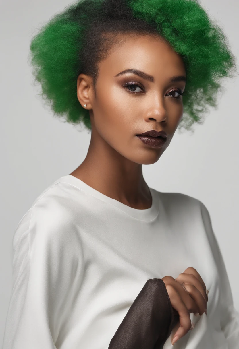 Super White Background、Serious expression、flash photo、The upper part of the body、White Jumper、photographrealistic、One Person 、Green hair color、facing front、bobhair、White female RAW portrait 1、Best Quality、Angle of view from waist to head、buzzcut、neck straight、shaven、afro