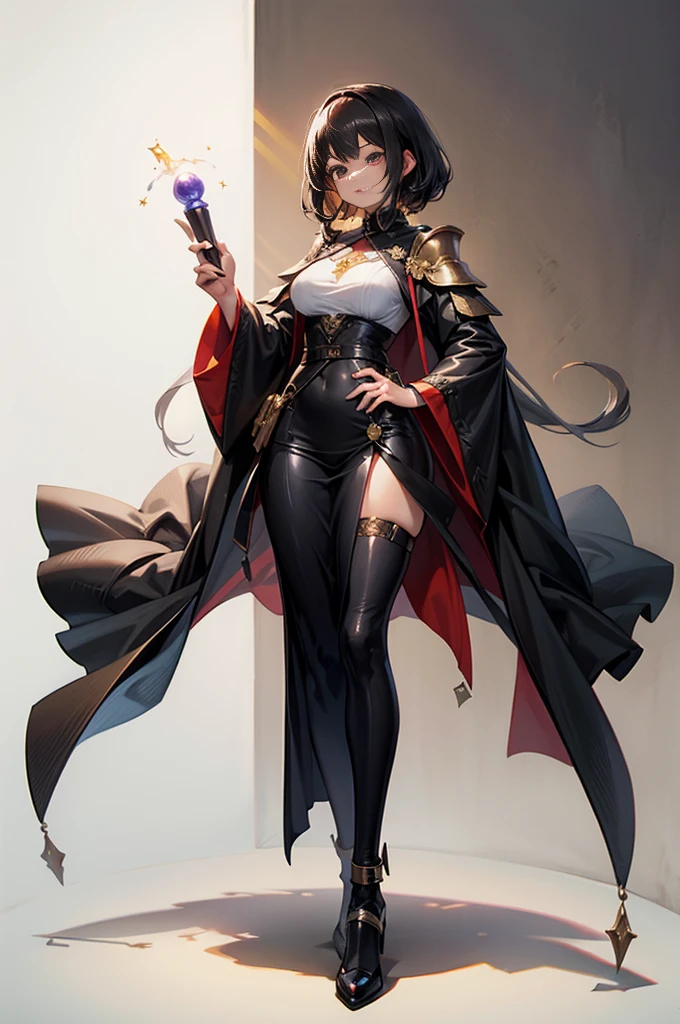 standing straight symmetrical, full body, solo girl looking to the camera, Female tiefling dark hair bright skin, Taupe Brown theme, A girl , Medieval European aristocracy, Short wavy black hair parted in the middle, Full body, Leather Breast Plate, Sorcerer's robe, Leather shoes, White wall background, Equipped with a dildo equal in length to his hand, artistic drawing