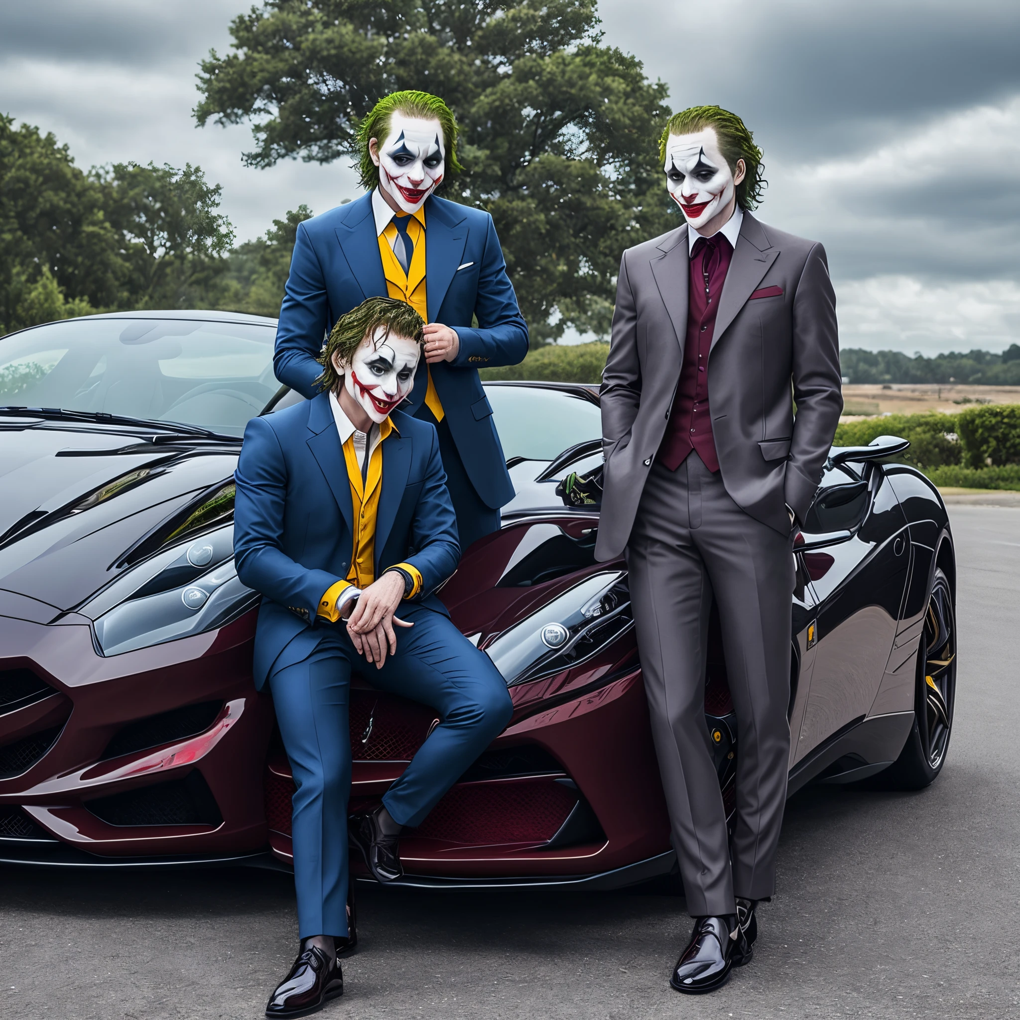 Joker wearing expensive stuff next to a ferrari