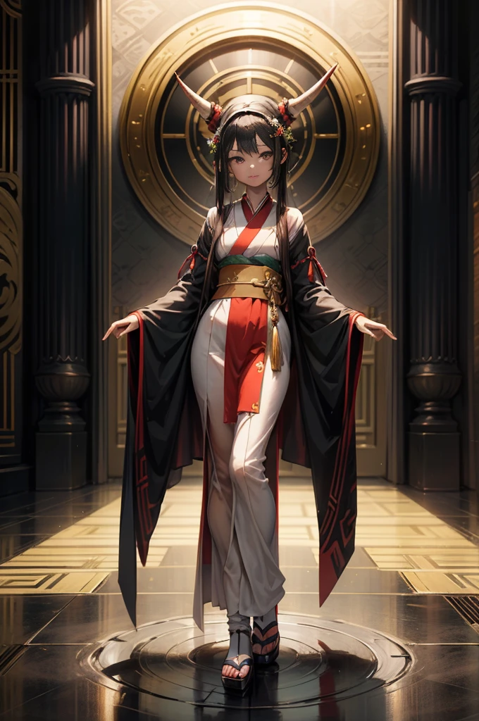 standing straight symmetrical, full body, solo girl looking to the camera, Female tiefling dark hair bright skin, A girl 14 years old, Medieval European aristocracy, 1girl, (hanfu), glowing, sidelighting, wallpaper,