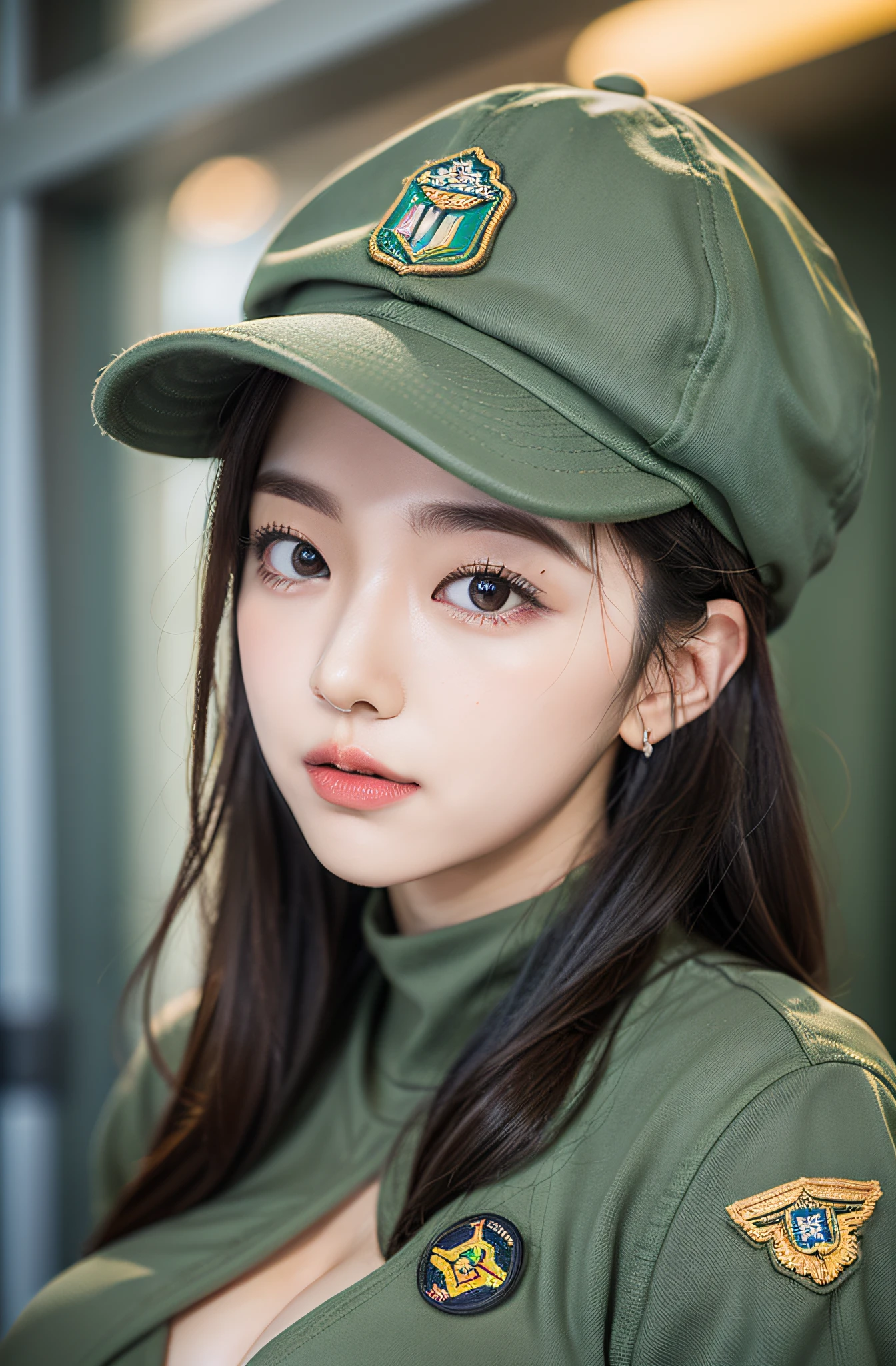 Exposed nipples、Wearing a cap、night flight、Air Force Pilot、Airplane on background、dark green flight suit、High exposure、Photorealistic images of solo idols, Morning Musume inspired by Eri Kamei, Radiates charm and beauty with plenty of bust and subtle exposure of cleavage. The image is、Must reflect a real person of the highest quality, Powered by Ultra-HD (16 K) resolution, crisp detail, Vivid colors, Dynamic Range, Soft bokeh, Fine texture, Realistic realism, Pin Sharp Focus. 、The camera setup is、Nikon D850 and NIKKOR Z 58mm Boobs Boobs Boobs Boobs F。/0.95 S Noct lens, The setting must be ISO 64, F/0.95, Shutter speed is 1/60. --ar 16:9 - V5.1 --Style raw --Q 2 --S 750