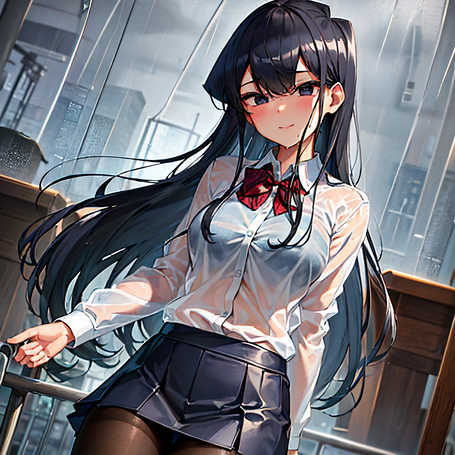 POV (from below), 1 girl, solo, komi Shouko, blue-black hair, long hair, black eyes, masterpiece, best quality, absurd, 1 girl, looking at viewer, standing, arms, black pantyhose, classroom , photo of cowboy, navy blue school uniform, red skirt, red bow, blazer, medium breasts, medium waist, medium hips, wide thighs, (wet clothes, transparent: 1.2), (white shirt), Wet, closed mouth, They smile, Cityscape, (gray sky, rain:1.3),