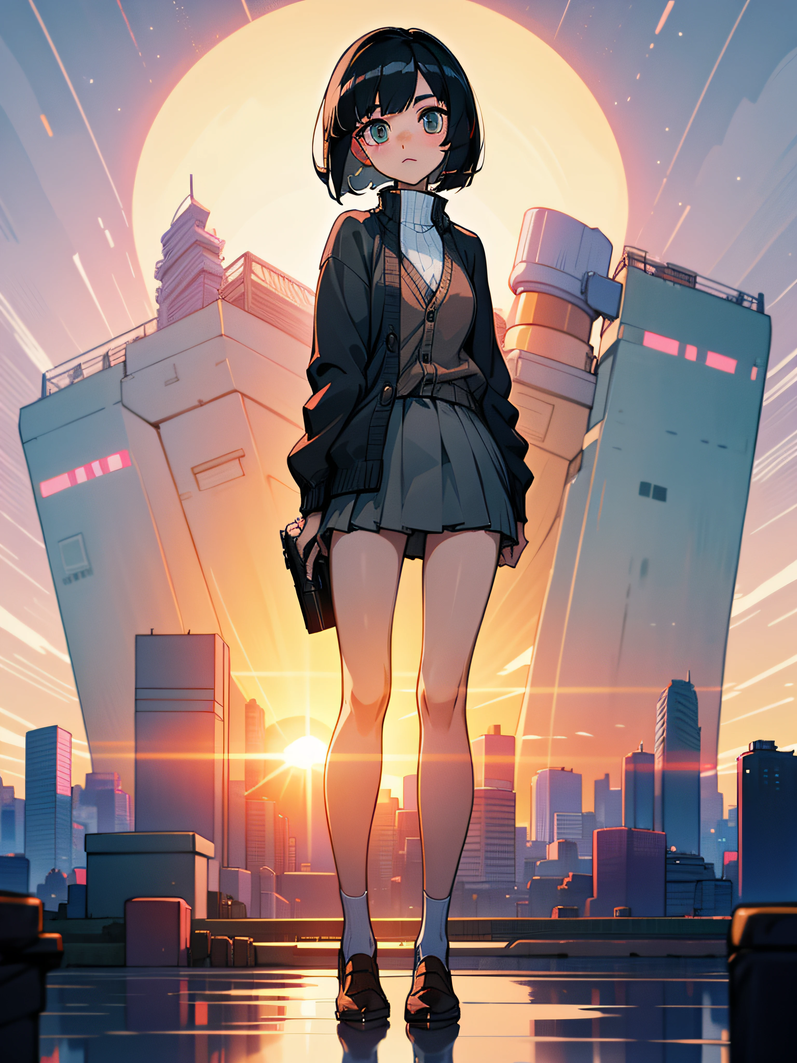 A woman with short black hair and bob wearing a cardigan and miniskirt is holding a camera..、skinny thigh、Retro cityscape、the setting sun、back lighting